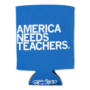 Blue, fade-resistant foam can cooler with the white text AMERICA NEEDS TEACHERS printed on the front.