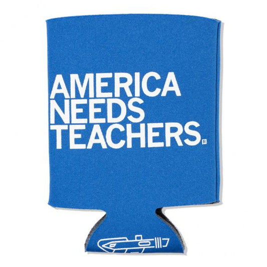 Blue, fade-resistant foam can cooler with the white text AMERICA NEEDS TEACHERS printed on the front.