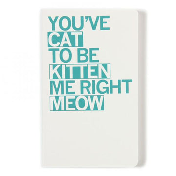 White notebook with turquoise screen print text that reads, YOUVE CAT TO BE KITTEN ME RIGHT MEOW.