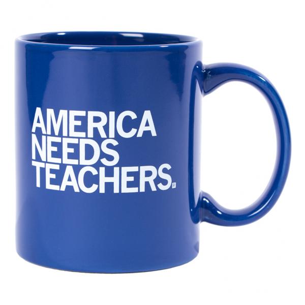 Blue dishwasher-safe ceramic mug with the text AMERICA NEEDS TEACHERS printed in white.