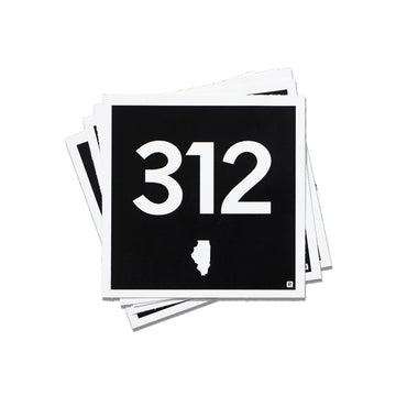 A stack of square 312 Illinois area code stickers featuring the number 312 in white text on a black background, with a small white silhouette of Illinois below.