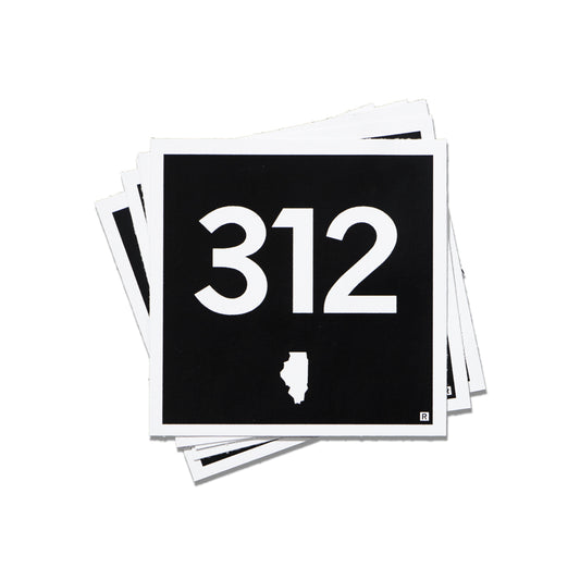 A stack of square 312 Illinois area code stickers featuring the number 312 in white text on a black background, with a small white silhouette of Illinois below.