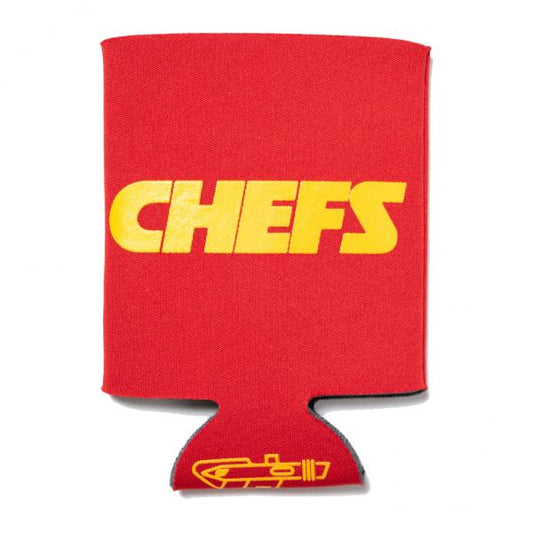 Red scuba foam can cooler printed with the word CHEFS in large yellow letters and a small yellow graphic at the bottom.