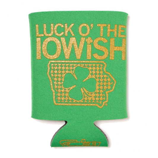 Green polyester foam koozie featuring the gold plastisol ink text LUCK O THE IOWISH above an outline of the state of Iowa containing a shamrock.