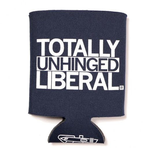 Navy blue beverage sleeve with white text that reads TOTALLY UNHINGED LIBERAL above a submarine graphic, representing a commitment to accountability and a cleaner environment.
