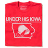 Red union made t-shirt featuring the text UNDER HIS IOWA and MAY 2018. NOLITE TE BASTARDES CARBORUNDURUM above a graphic of a bonnet silhouette inside an outline of the state of Iowa.