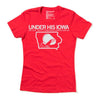 Red, union-made crew neck T-shirt featuring the text UNDER HIS IOWA, MAY 2018, and NOLITE TE BASTARDES CARBORUNDORUM above a graphic of a bonnet inside an outline of Iowa, part of a retired T-shirt design.
