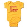 Yellow baby rib cotton bodysuit featuring red text that reads, SOMEONE AT IOWA STATE LOVES ME.