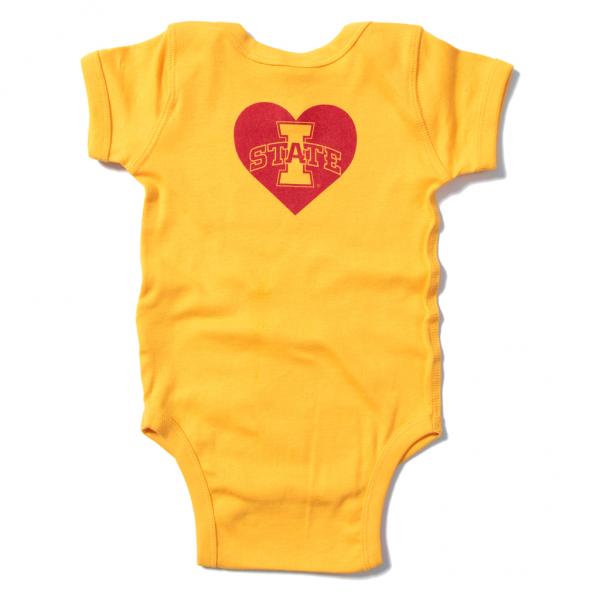 Yellow Iowa State onesie featuring a red heart graphic with the text I STATE in yellow.