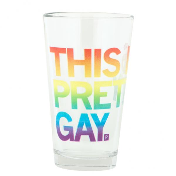 Clear pint glass printed with the text THIS PRETTY GAY in a rainbow gradient.