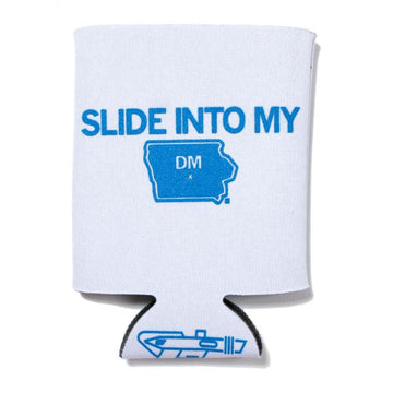 White scuba foam can cooler with blue plastisol ink text reading SLIDE INTO MY, an outline of the state of Iowa with DM in the center, and a small graphic of a slide at the bottom.