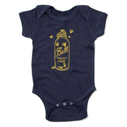 Navy blue baby rib cotton bodysuit featuring a yellow gold screen print of a Ball mason jar surrounded by small bees.