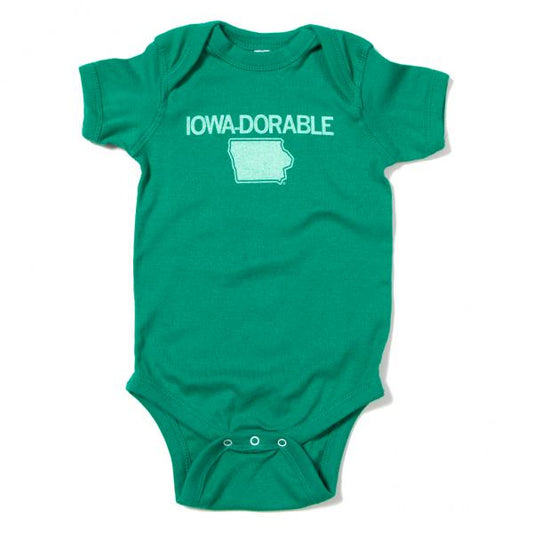 Green Iowa-Dorable onesie printed with the text IOWA-DORABLE above an outline of the state of Iowa.