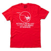 Red Iowa t-shirt featuring a diagram of a circle labeled The Middle with a stick figure pointing to Nowhere outside the circle, accompanied by the text Actually, were just outside the middle of nowhere on this retired design.