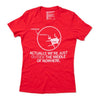 Union-made red short-sleeved t-shirt featuring a white graphic of an Iowa map inside a circle, captioned Nowhere, The Middle, with the text: Actually, we’re just outside the middle of nowhere.