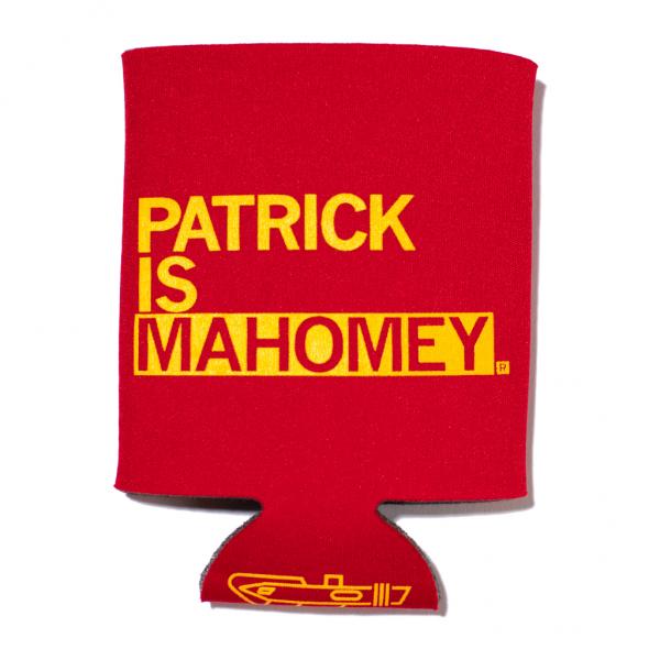 Red fade-resistant polyester beverage insulator with gold plastisol ink text that reads PATRICK IS MAHOMEY and a small yellow graphic at the bottom.