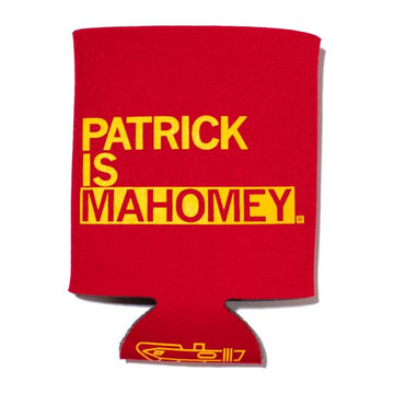 Red fade-resistant polyester beverage insulator with gold plastisol ink text that reads PATRICK IS MAHOMEY and a small yellow graphic at the bottom.