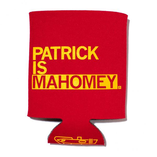Red fade-resistant polyester beverage insulator with gold plastisol ink text that reads PATRICK IS MAHOMEY and a small yellow graphic at the bottom.