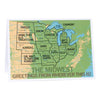 A humorous Midwest greeting card featuring a map of the United States with incorrectly labeled states and cities, captioned The Midwest: Greetings from wherever this is!.