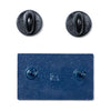 Back of a rectangular blue accountability enamel pin with two posts, shown alongside two black rubber clutch backings.
