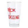 Clear pint glass with the red text RICK AND HOMEY printed on the side, designed as a dishwasher safe Patrick Is Mahomey pint glass.