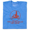 Blue Raygun t-shirt featuring a red icon of a person riding a scooter inside a circle, with the text THEY SEE ME ROLLIN THEY HATIN printed below.