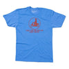 Blue Raygun t-shirt featuring a red icon of a person on a scooter inside a circle, with the text THEY SEE ME ROLLIN THEY HATIN below it.