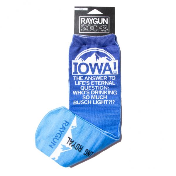 Blue Living Royal crew sock featuring a mountain graphic and the text IOWA! THE ANSWER TO LIFE’S ETERNAL QUESTION: WHO’S DRINKING SO MUCH BUSCH LIGHT?!?.