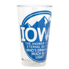Clear dishwasher-safe pint glass featuring a blue graphic with the letters IOWA, mountain silhouettes, and the text, The answer to the eternal question: whos drinking too much Busch Light?.