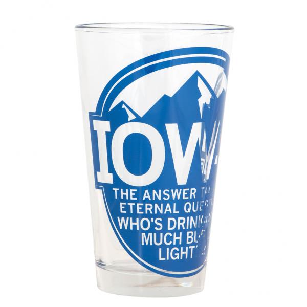 Clear dishwasher-safe pint glass featuring a blue graphic with the letters IOWA, mountain silhouettes, and the text, The answer to the eternal question: whos drinking too much Busch Light?.