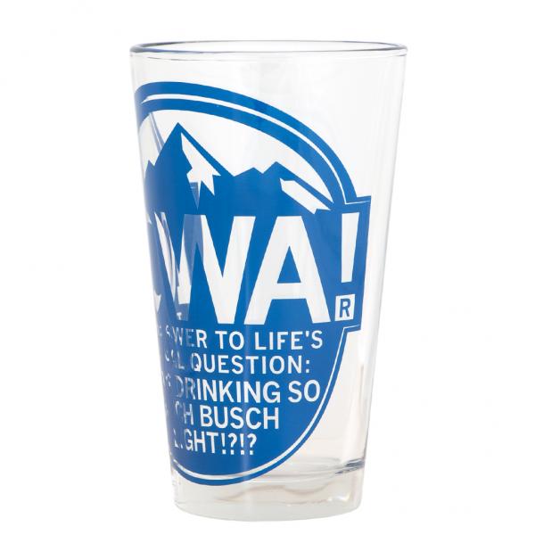Clear dishwasher-safe pint glass featuring a blue graphic of mountains and the text: IOWA! THE ANSWER TO LIFES FINAL QUESTION: IS DRINKING SO MUCH BUSCH LIGHT?!?.