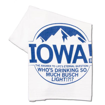 White RAYGUN kitchen towel printed with a blue logo featuring mountains above the word IOWA! and the text: The answer to life’s eternal question: Who’s drinking so much Busch Light!?!.