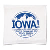 White RAYGUN kitchen towel featuring a blue logo with a mountain graphic, the word IOWA!, and the text The answer to lifes eternal question: Whos drinking so much Busch Light!?!?.
