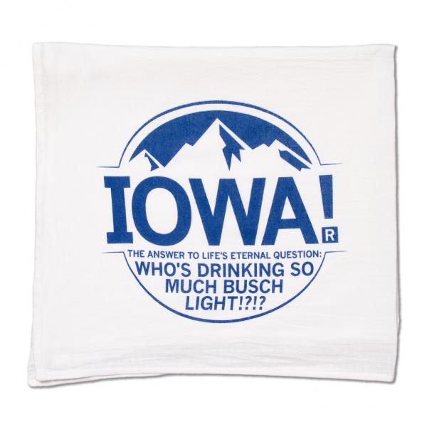 White RAYGUN kitchen towel featuring a blue logo with a mountain graphic, the word IOWA!, and the text The answer to lifes eternal question: Whos drinking so much Busch Light!?!?.
