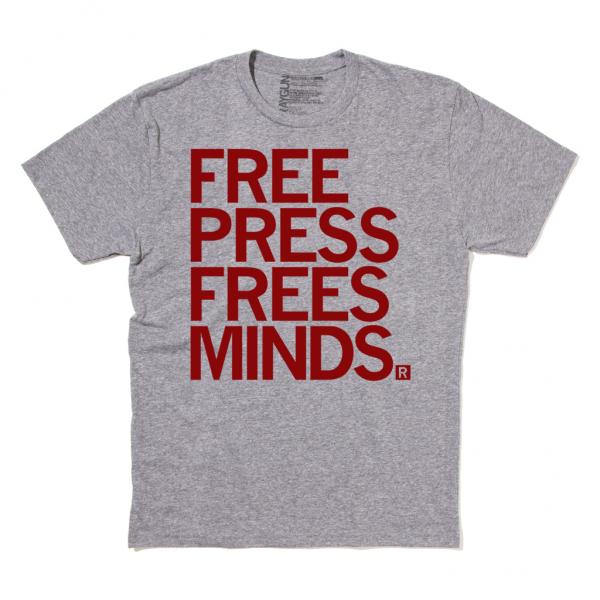 Gray union made t-shirt with the red text FREE PRESS FREES MINDS printed on the chest.