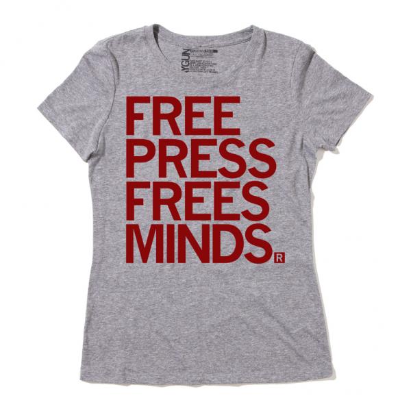 Grey, union-made short-sleeve t-shirt with FREE PRESS FREES MINDS printed in red text on the front.