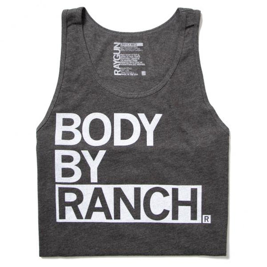 Charcoal tank top featuring a sleeveless crop cut with the white text BODY BY RANCH printed on the front.
