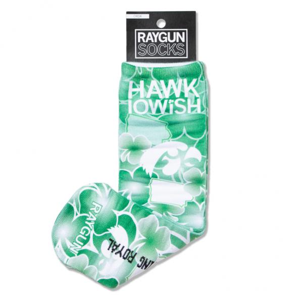 Green and white crew socks featuring shamrocks, the Iowa state outline, a Hawkeye logo, and the text HAWK IOWISH and RAYGUN; these handmade socks are made in USA.