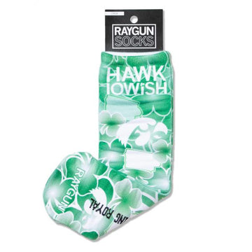 Green and white crew socks featuring shamrocks, the Iowa state outline, a Hawkeye logo, and the text HAWK IOWISH and RAYGUN; these handmade socks are made in USA.