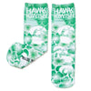 Pair of green and white patterned, handmade socks featuring Iowa Hawkeyes logos, shamrocks, and the text HAWK IOWISH and RAYGUN.