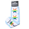 Light blue crew socks with a vertical pattern of rainbow-colored stars and the text LIVING ROYAL and RAYGUN printed on the foot, perfect for Chicago pride.