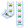A pair of handmade white crew socks with light blue stripes and rainbow-colored stars, featuring the text RAYGUN on the toes.