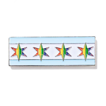 Rectangular hard enamel Chicago Gay Pride pin featuring the city flag design with four rainbow-striped stars centered on a light blue and white background.