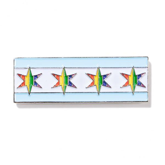 Rectangular hard enamel Chicago Gay Pride pin featuring the city flag design with four rainbow-striped stars centered on a light blue and white background.