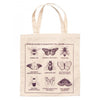 Off-white canvas bag featuring a Rayguns Guide to Midwestern Pollinators print, displaying illustrations of nine different bees and butterflies with their names labeled below each.