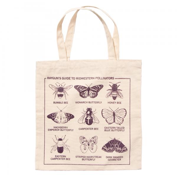 Off-white canvas bag featuring a Rayguns Guide to Midwestern Pollinators print, displaying illustrations of nine different bees and butterflies with their names labeled below each.