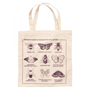 Off-white canvas bag featuring a Rayguns Guide to Midwestern Pollinators print, displaying illustrations of nine different bees and butterflies with their names labeled below each.