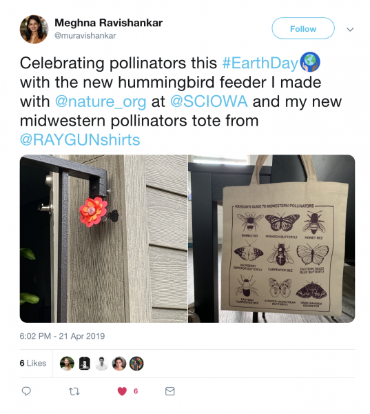 A flower-shaped hummingbird feeder mounted on a wall and a canvas bag printed with illustrations of Midwestern pollinators.