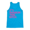 Bright neon blue tank top featuring the pink text ITS RAINBOW TIME, BITCH.