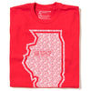 Red Love Is Love t-shirt featuring the white outline of Illinois filled with the repeating text LOVE IS LOVE and the phrase LOVE PEOPLE WHO DARE TO LOVE THE ONES THEY LOVE in the center.